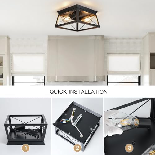 FORCOSO Black Ceiling Lights 2 Lights - Modern Industrial Ceiling Lamp E27 Flush Mount LED Metal Cage Vintage Ceiling Light Fixture for Living Room Bedroom Kitchen Hallway - NO Bulb