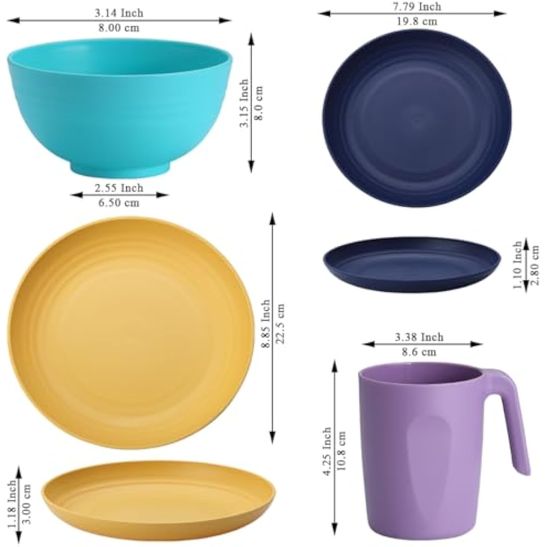 Kyraton Plastic Dinnerware Sets of 32 Pieces Service for 8, Unbreakable and Reusable Light Weight Plates Mugs Bowls Dishes Easy to Carry and Clean Microwave Safe BPA Free Dishwasher Safe