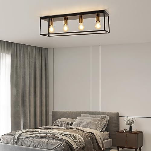 Black Ceiling Lights 4 Lights, Modern Industrial Ceiling Light E27 Flush Mount, LED Metal Cage Ceiling Light Fixture for Bedroom Living Room Kitchen Hallway Studio max.60W - NO Bulb