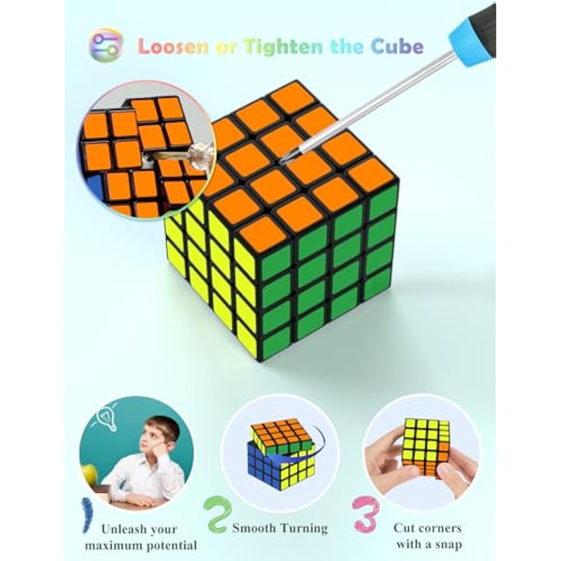 ROXENDA Speed Cube Set, 2X2 3X3 4X4 Pyramid Cube Original Fast with Instruction [4 Pack](Sticker Cube Set)