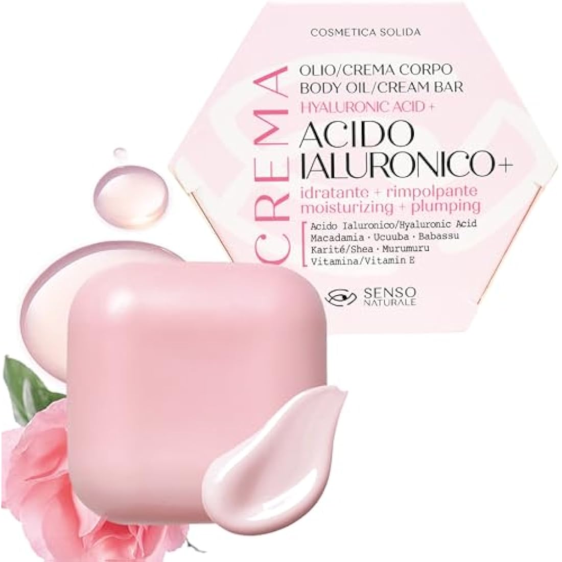 Senso Naturale Solid Body Oil Hyaluronic Acid Moisturising Cream, Improves Elasticity and Stimulates Skin Collagen with Vitamin E, 100% Natural and Vegan