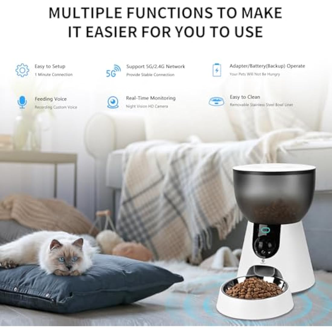 Podazz Automatic Cat Feeder with Camera, 5G WiFi Pet Feeder with App Control, Low Food & Blockage Sensor, 1-10 Meals/Day, Two-Way Audio Interacting, 4L Auto Cat Feeder with 304 Stainless Steel Bowl