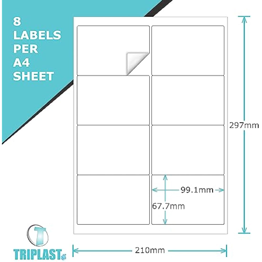 Triplast 50 x Multipurpose A4 Label Sheets - 8 Labels Per Sheet (99 x 68mm Each) - Easy Peel White Labels for Inkjet & Laser Printer - Address Labels, Shipping Labels, File Labels, DIY Stickers