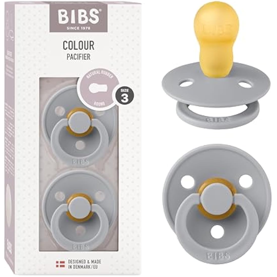 BIBS Colour Soother 2-Pack, BPA Free Dummy Pacifier, Round Nipple. Natural Rubber Latex, Made in Denmark, Size 3 (18+ Months), Cloud