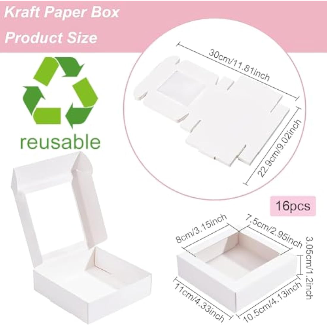 BENECREAT 16Packs 10.5x10.5x3cm Clear PVC Square Window Gift Boxes, White Kraft Paper Present Packing Boxes for Party Favor Treats, Cookies, Small Gifts or Crafts