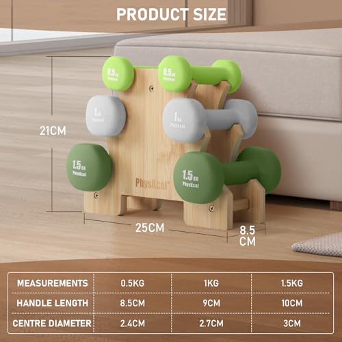 PhysKcal Hex Dumbbells Set of 6 with Stand- 2 x 0.5 kg, 2 x 1 kg, 2 x 1.5 kg, Hand Weights Set for Ladies, Kids, Beginners, Light Small Dumbbells Set