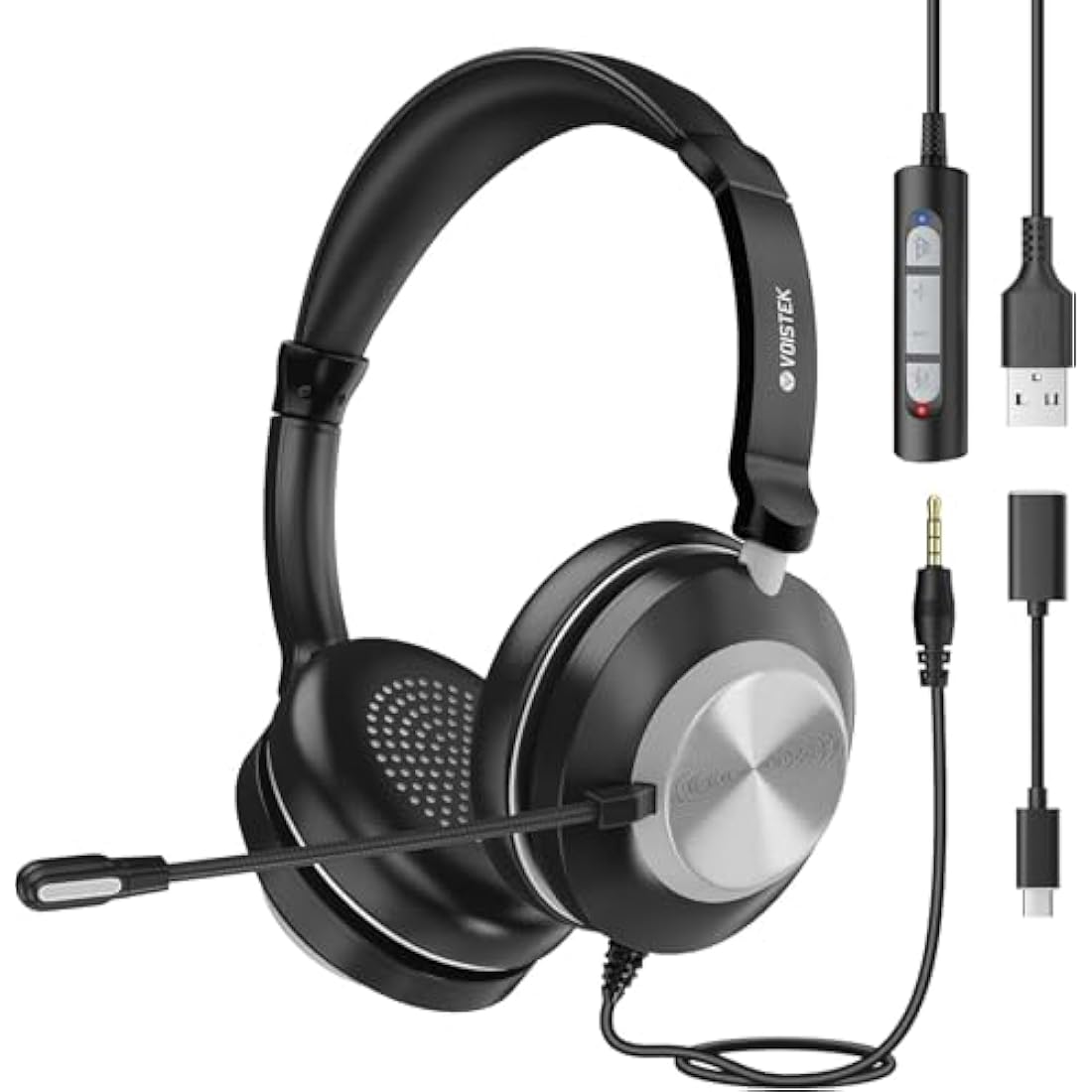 Voistek USB Headset with Microphone for Laptop PC,Wired Computer Headphones With Noise Cancelling Mic & In-line Controls for VoIP, Call Center, Online Classes, Teams, Zoom, Skype
