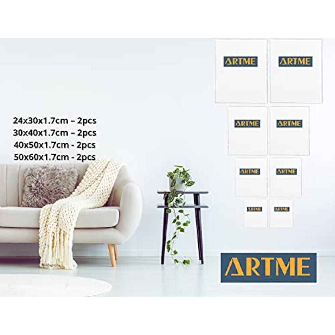 Artme Pre-Stretched Canvas 8pcs –24x30, 30x40, 40x50, 50x60 Assorted Artist Framed Canvas/ 280GSM/100% Cotton/Blank/Triple Primed/Acid Free/Medium Grain/ 1.7cm - Acrylic/Oil