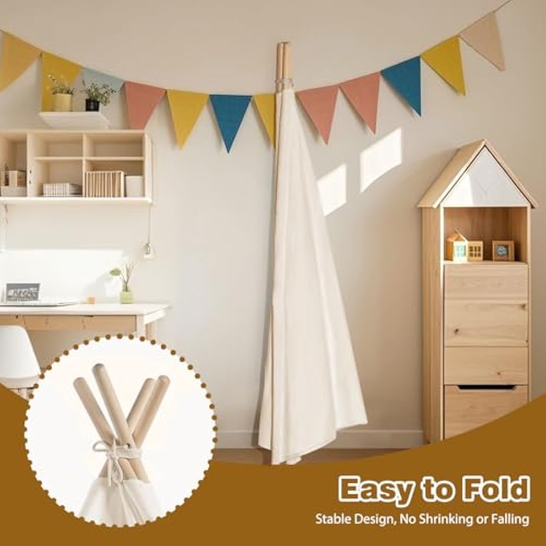 Wilwolfer Teepee Tent for Kids Foldable Children Play Tent for Girl and Boy with Carry Case 4 Poles White Canvas Playhouse Toy for Indoor and Outdoor Games