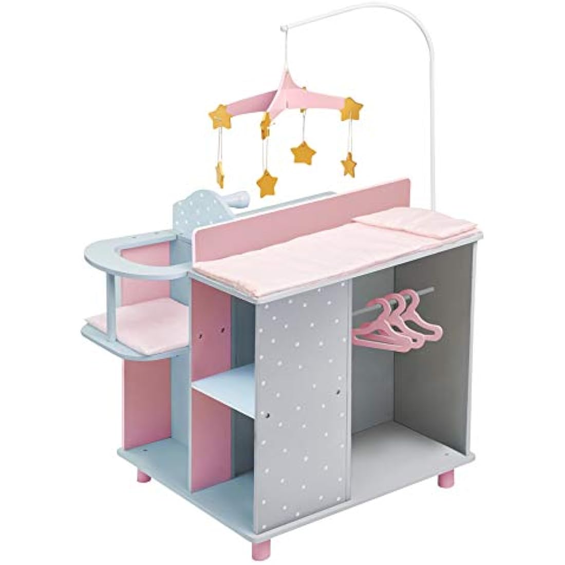 Olivia's Little World 6-in-1 Wooden Baby Doll Changing Station with Crib, Changing Table, High Chair, Double-Door Closet, Sink and Washing Machine, Multicoloured