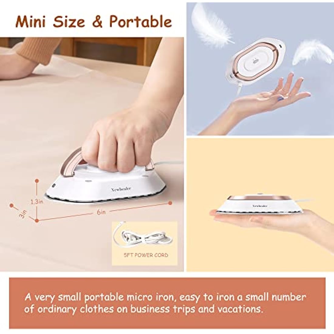 Newbealer Travel Iron - Mini Iron with Dual Voltage-220V/120V for Clothes, Compact Iron with Small Pouch for Global Travel, Quilting & Sewing, Gold