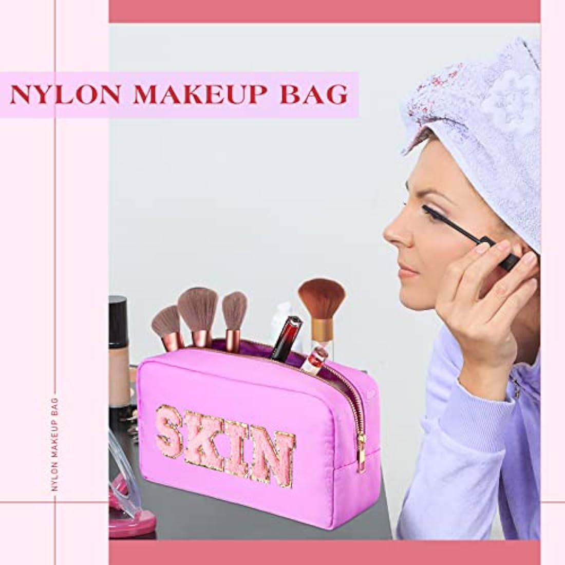 4 Pcs Preppy Makeup Bag Chenille Letter Nylon Cosmetic Bag Makeup Organizer Bag Toiletry Cosmetic Case Preppy Bag with Zipper Stuff Bag Cosmetic Pouch Makeup Pouch for Women Teen Girl, Mixed Colors