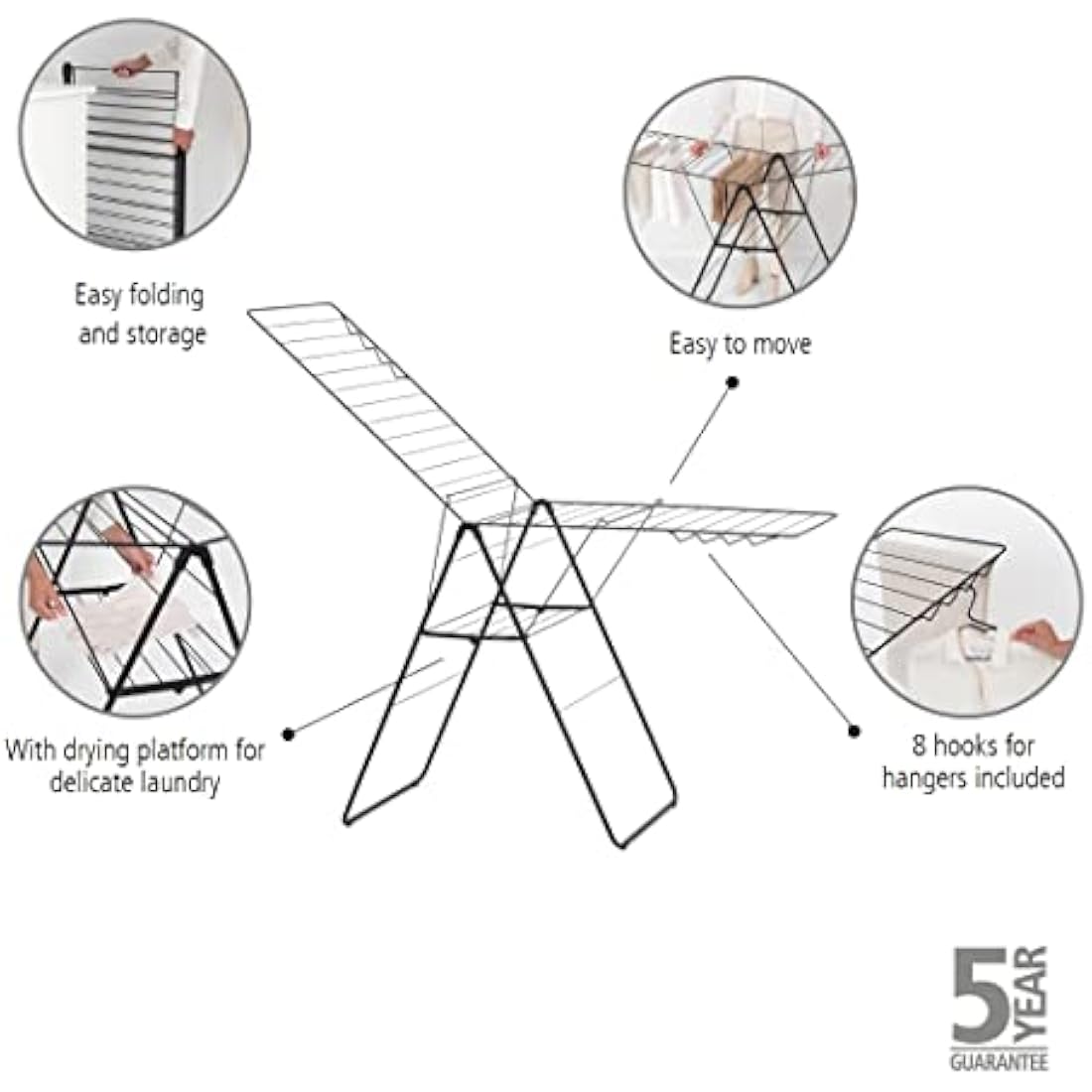 Brabantia HangOn Laundry Drying Rack (25m / Matt Black) Compact, Foldaway, Adjustable Indoor Stainless Steel Clothes Horse