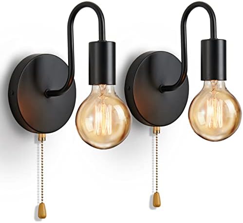 Lightess 2Pcs Wall Light with Switch Pull Cord Wall Lights E27 Socket, Retro Metal Iron Wall Sconces Industrial Wall Lamp for Bedroom Living Room Hallway (No Bulb, Black)