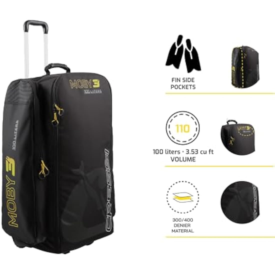 CRESSI Moby 3 Trolley Bag Black/Yellow 100 L - Robust and Spacious Trolley Bag Ideal for Sporting Activities and Travel, Black/Yellow, 100 L, Unisex