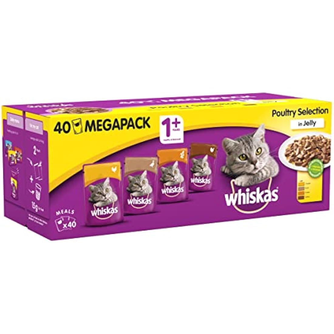 Whiskas Wet Cat Food Pouches, Delicious and Tasty Poultry Selection in Jelly, Suitable for Adult Cats Aged 1+, (40 x 100 g)