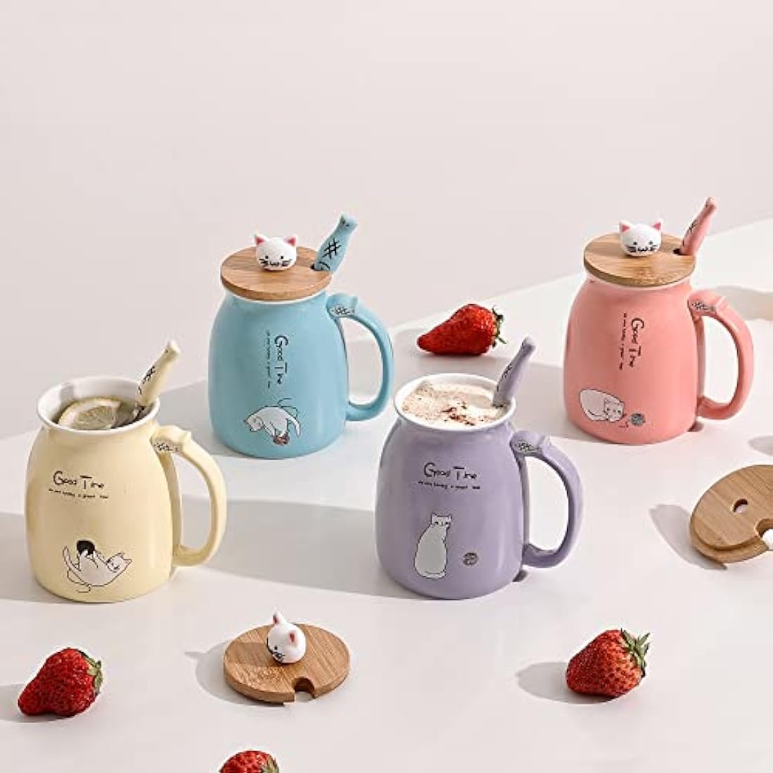 Cute Cat Mug Set of 4 Ceramic Coffee Cups with Lovely Kitty lid and Fish Spoon Novelty Morning Tea Milk Mug Set for Girls Women Christmas Birthday Gift Mug 450ML/15oz (4pcs,Blue Pink Purple Yellow)