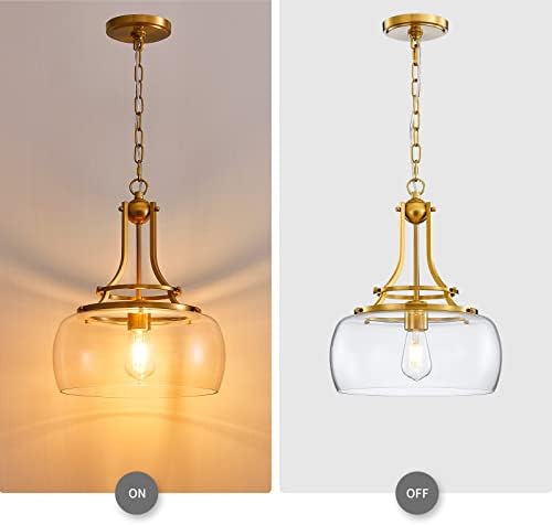 WUZUPS Chandelier Rustic Farmhouse Industrial Round Ceiling Pendant LED Light Fixture with Clear Glass Shades for Dining Room Kitchen Island Foyer Entryway, H 43 x W 34, E27 Base, Brushed Gold