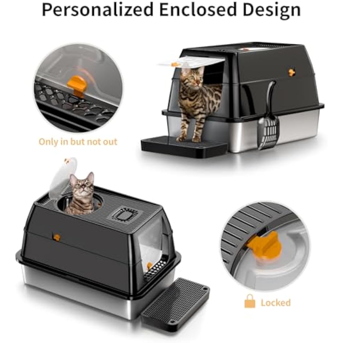 Stainless Steel Cat Litter Tray with Lid, XXL Enclosed Cat Litter Box with High Sided for Big Cats, with Removable Lid &Scoop - Black