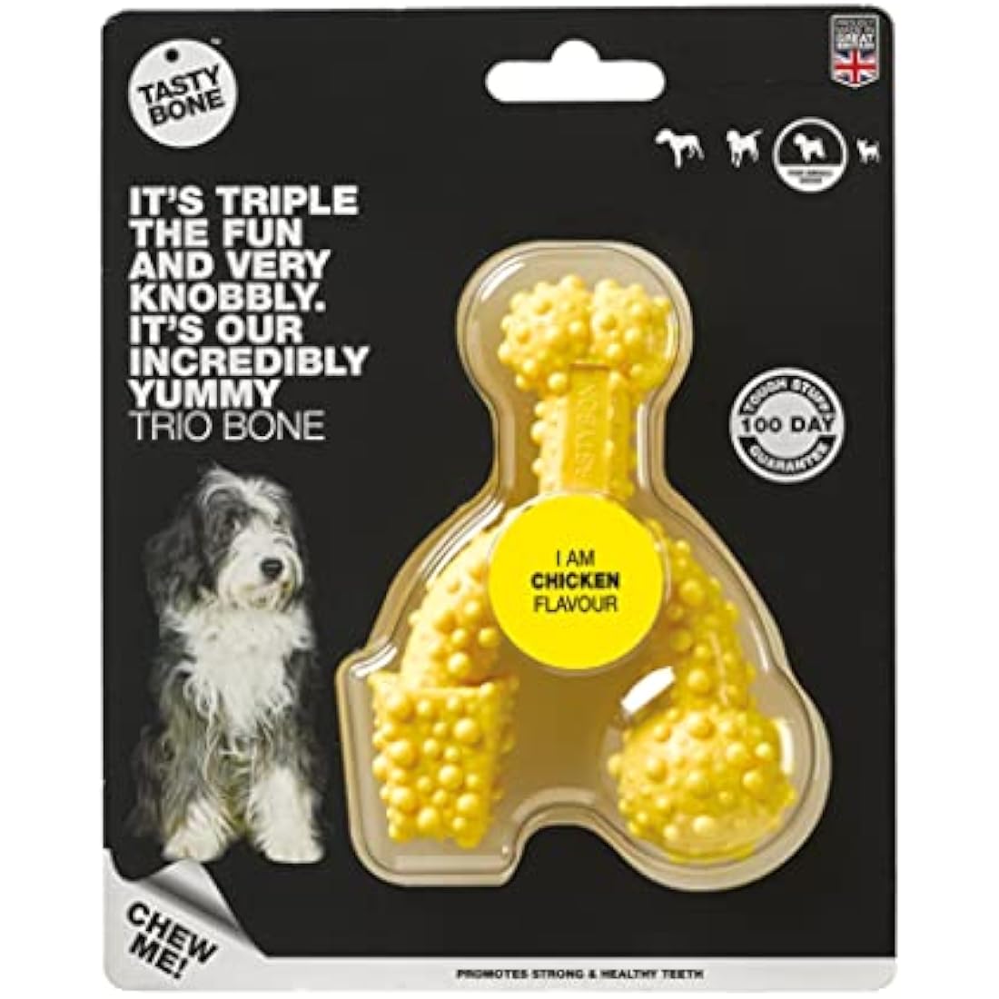 TastyBone TrioBone Nylon Dog Chew Toy for Small Dogs (Chicken) - Indestructible for Aggressive Chewers, Everlasting Flavour, Strong Healthy Teeth, Made in the UK