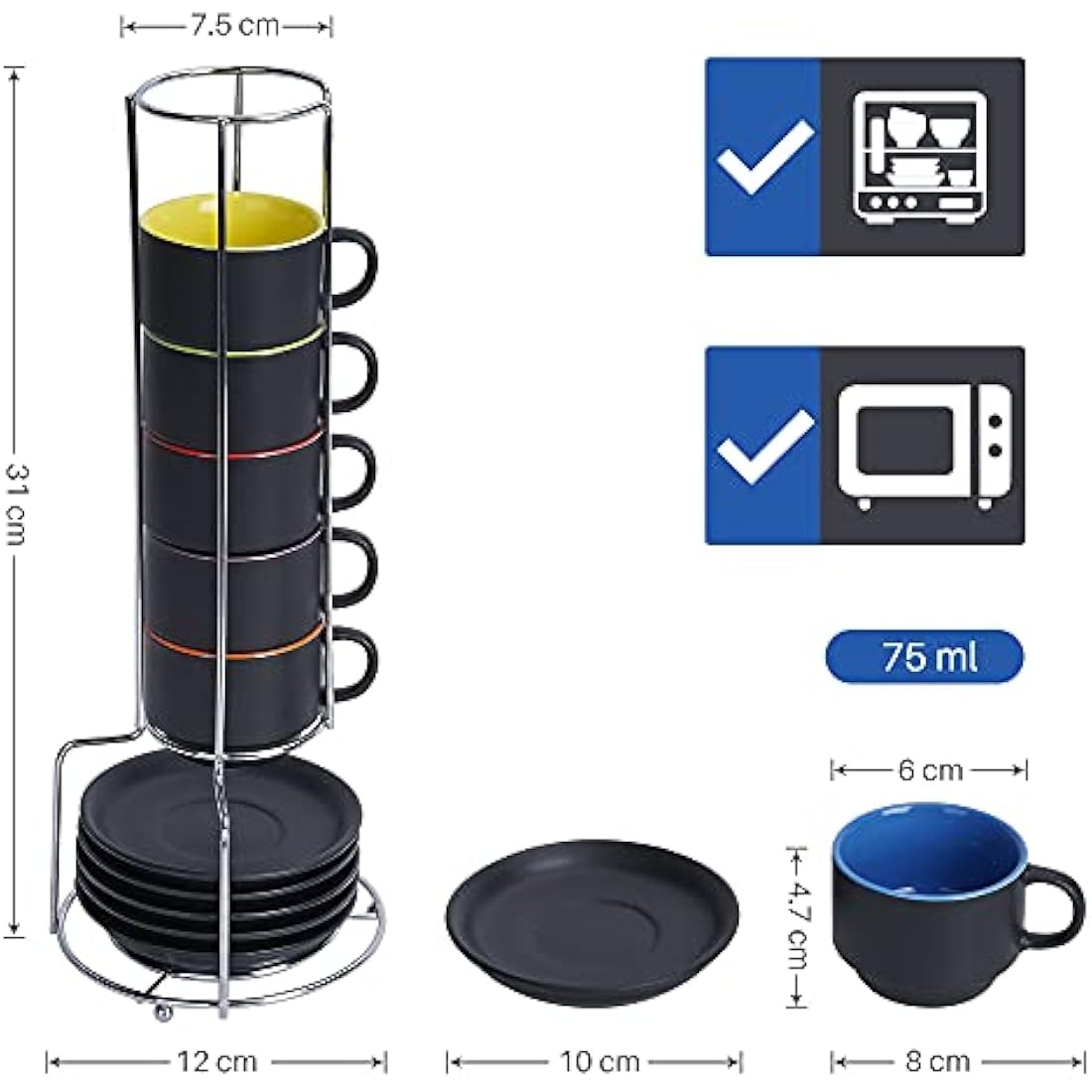MIAMIO - 75 ml Espresso Cup Set with Saucers Coffee Mug Set of 6 - Ceramic Coffee Mug Stackable Espresso Mug with Stand for Coffee Drinks, Latte, Cafe Mocha - Le Papillon Collection (Mixed)