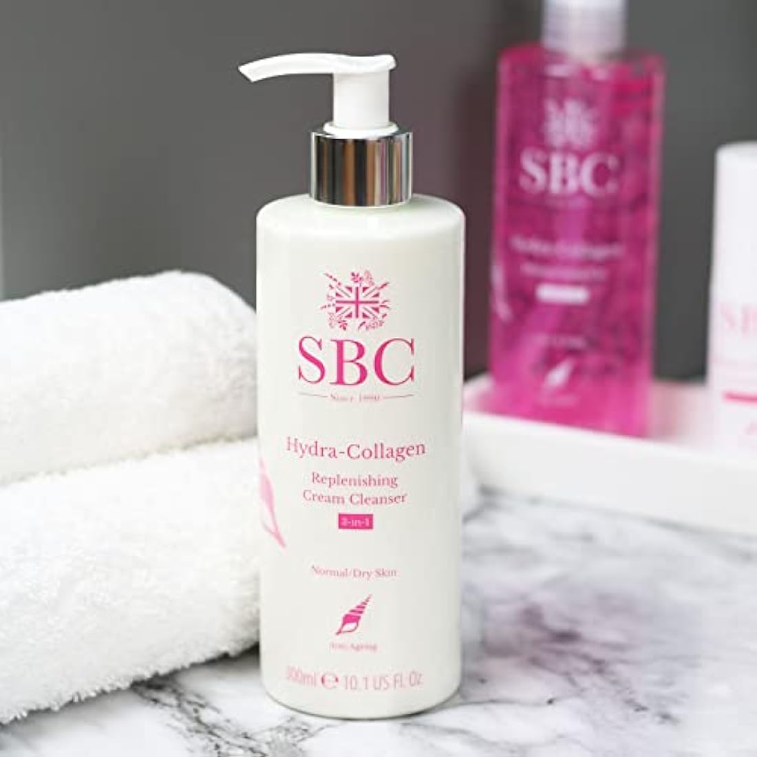SBC Skincare Hydra-Collagen Replenishing Cream Cleanser with Skin Shammy 300ml, Anti-Ageing Collagen Facial Cleanser, Removes Make-Up, Cleanses, Hydrates