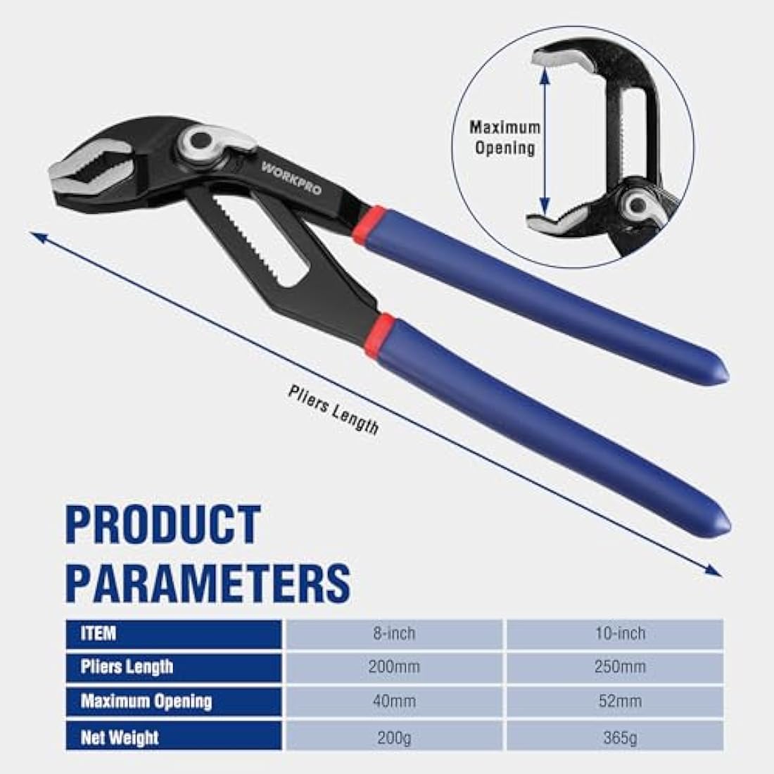 WORKPRO Water Pump Pliers, 40/52mm Wide Jaw Capacity, Quick Change Adjustable Plumbing Grips and Slip Joint Plier Set, 200mm and 250mm, 2-Piece