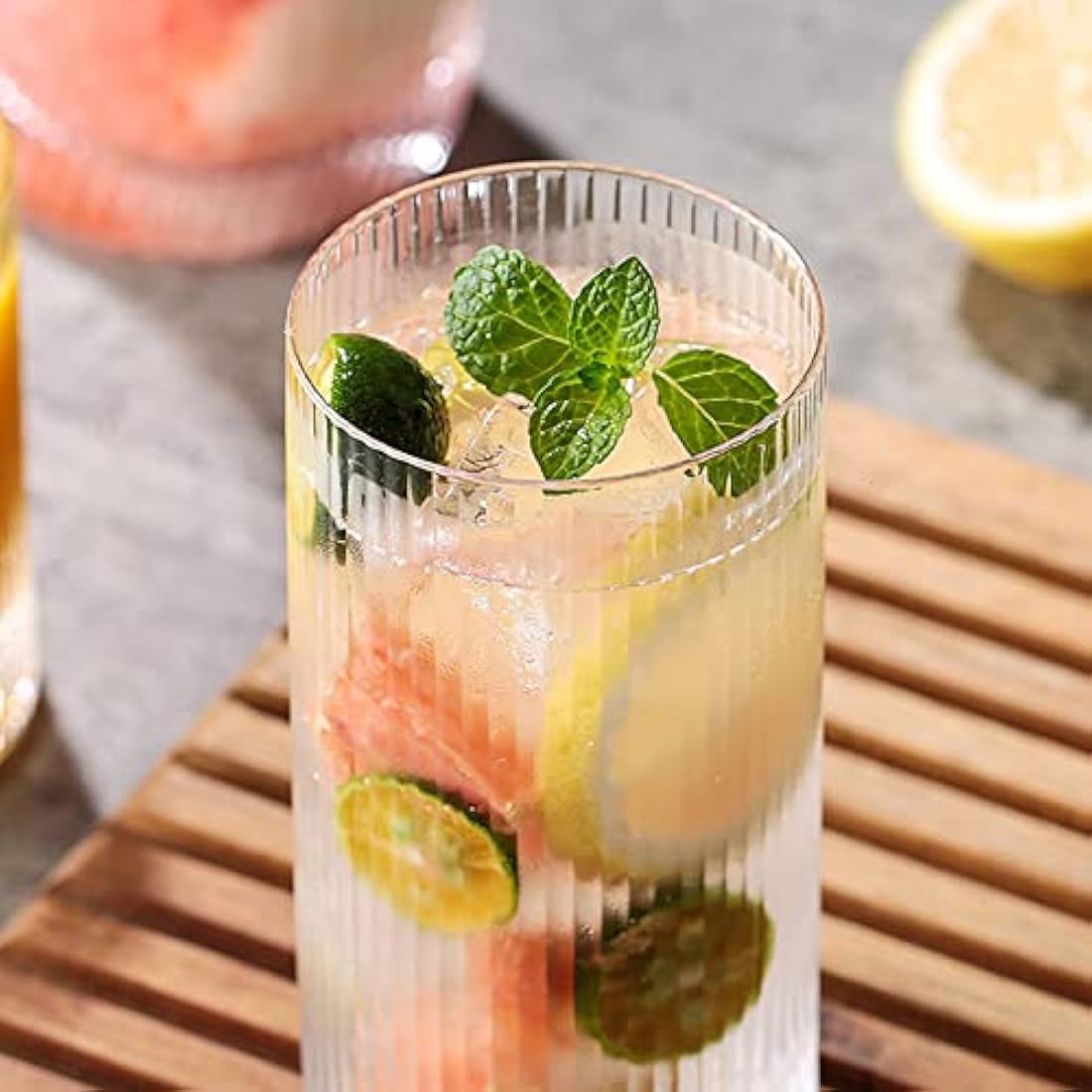 INSETLAN 370ml Drinking Glasses Set of 4,Vintage Ribbed Cup Glassware,Origami Style Transparent Cocktail Glasses Set, Bar Beverages Iced Coffee Cup Juice Ripple (L-370ML)