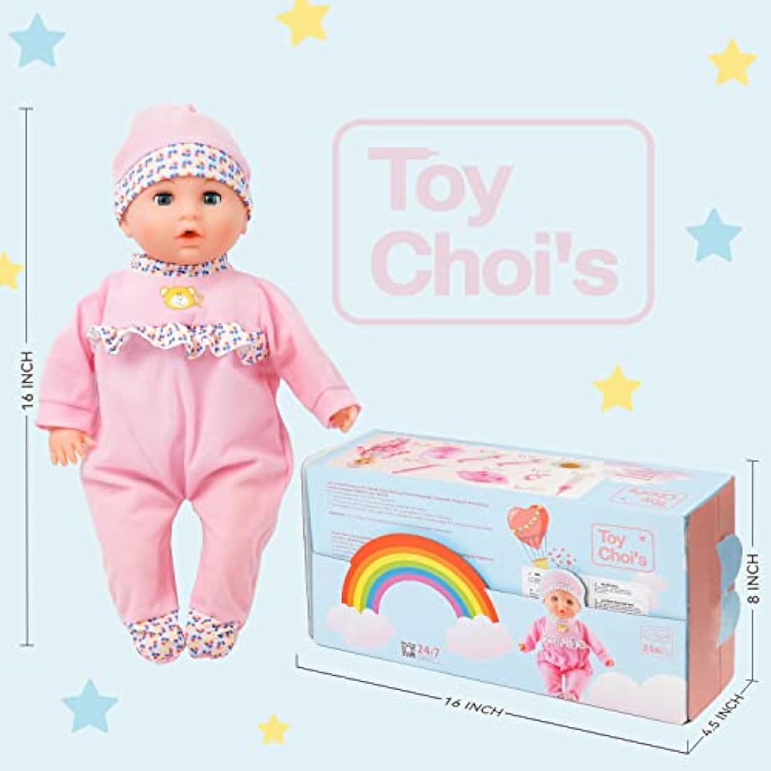 Toy Choi's 16" Baby Doll Pink - Talking Soft Baby Dolls for 2+ Year Old Girls with Different Sound and Funny Feeding Accessories, Preschool Toy Gift for Toddler and Kids