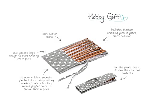 Hobby Gift Knitting Pin Wrap, Filled, Grey Linen Polka Dot