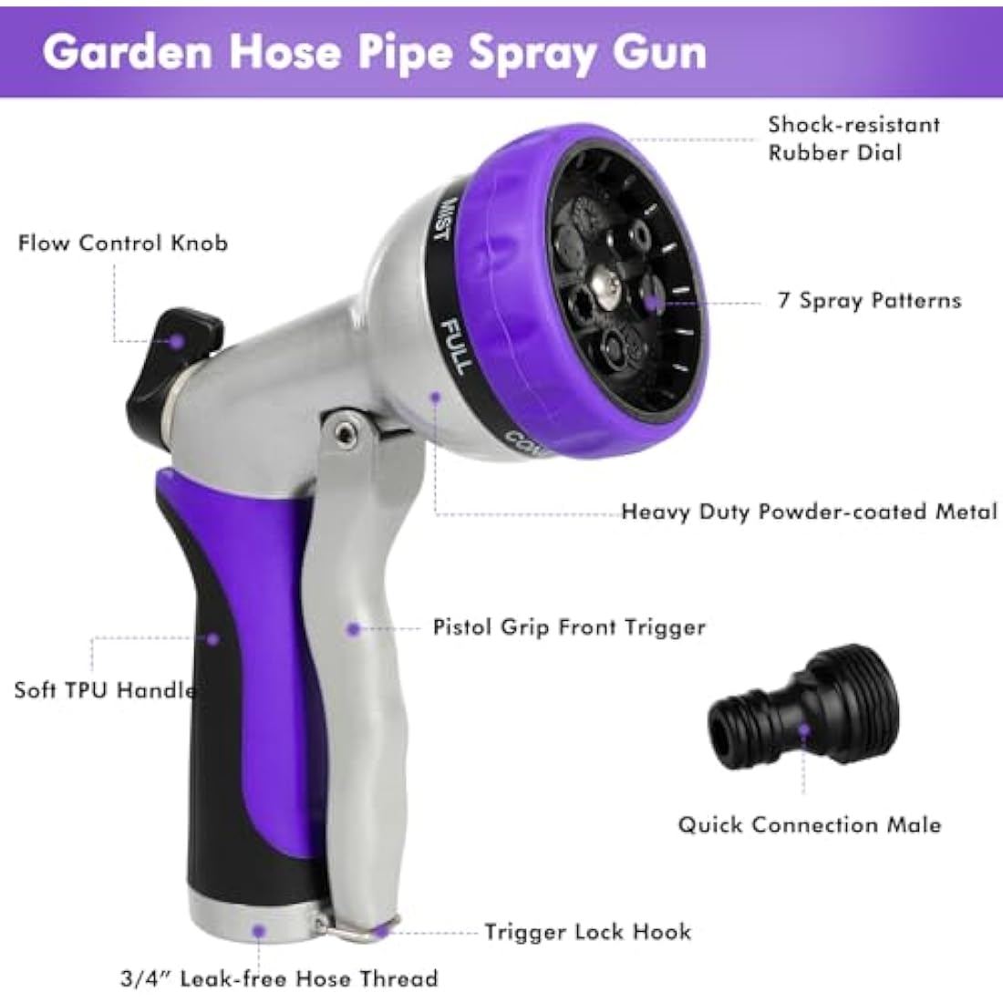 RESTMO Hose Pipe Spray Gun, Heavy Duty Garden Hose Spray Gun, High Pressure Hose Nozzle, Metal Hand Sprayer with 7 Patterns and Water Flow Control, Ideal to Water Plant & Lawn, Wash Car & Pet, Purple