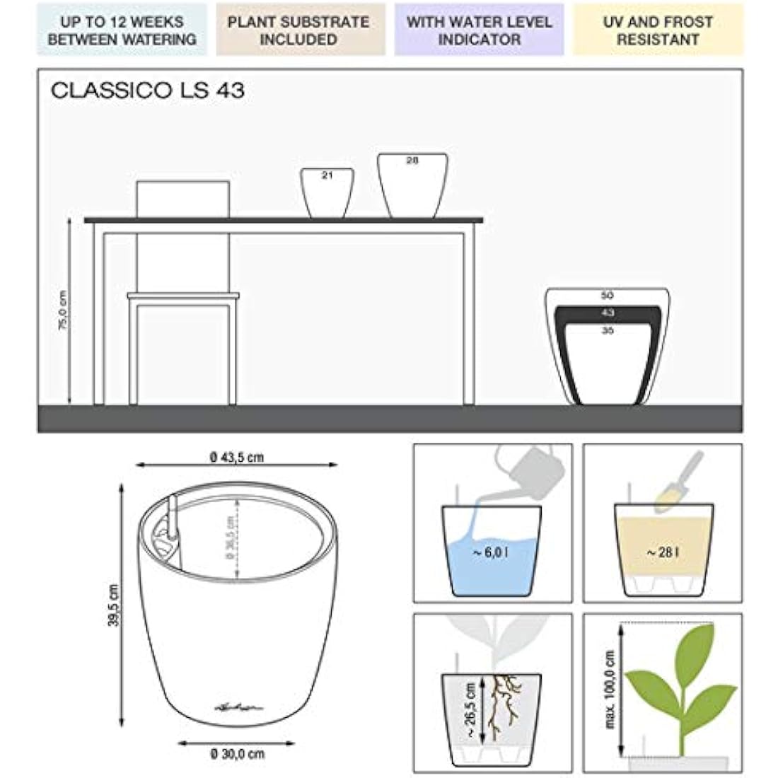 Lechuza Self Watering Plant Pot CLASSICO 43 LS Garden Flower Indoor and Outdoor Plastic Planter with Drainage Hole D43 H40 cm Black High-Gloss