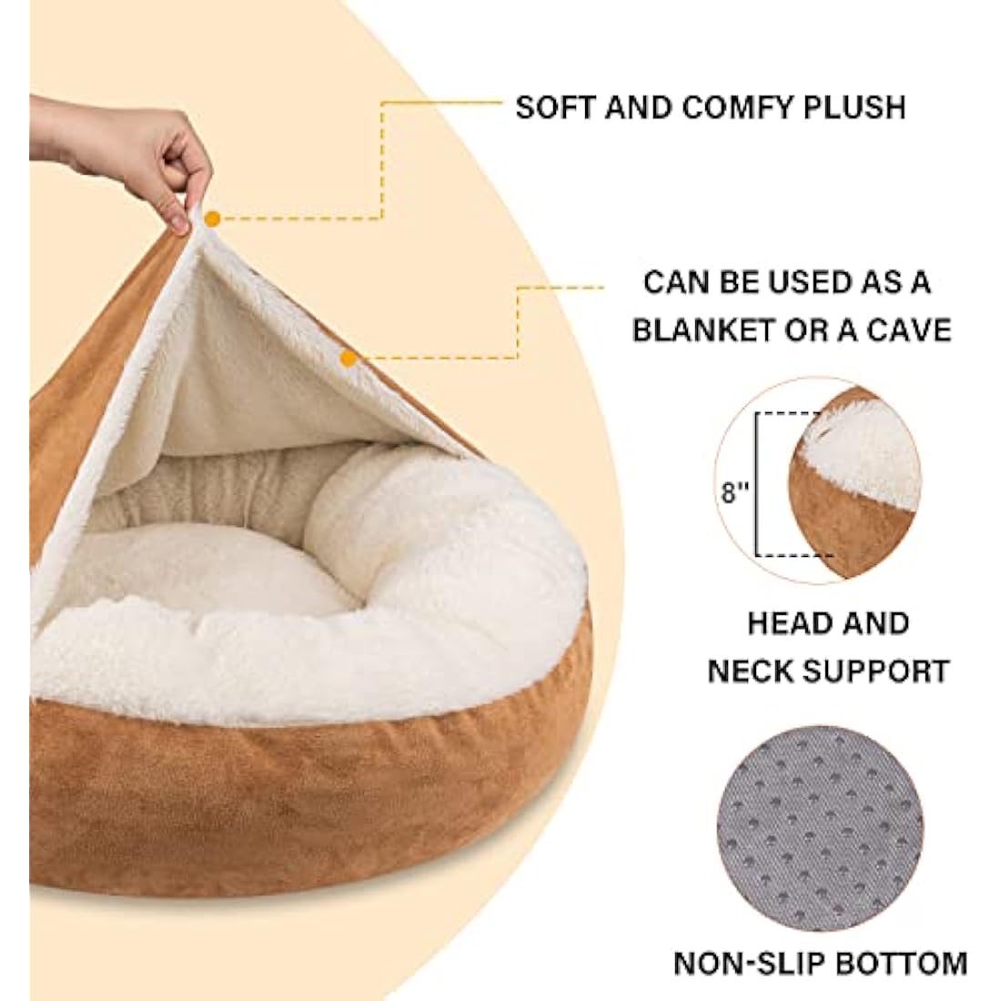 MICOOYO Hooded Dog Bed Large， Cozy Donut Dog Blanket Bed for Doggie, Claming Pet Caved Bed for Cats Puppies (Large, Wheat)