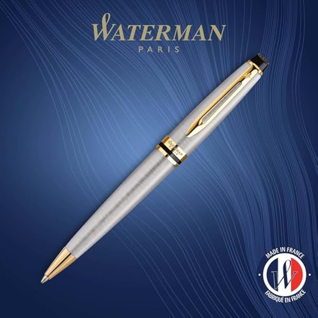 Waterman Expert Ballpoint Pen | Stainless Steel with 23k Gold Trim | Medium Tip | Blue Ink | Gift Box