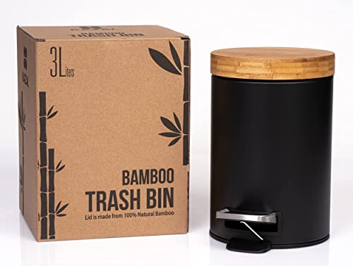 Kazai. 3L Designer Bathroom Bin | Superior Bamboo | Soft Closing | Anti-Finger | Black