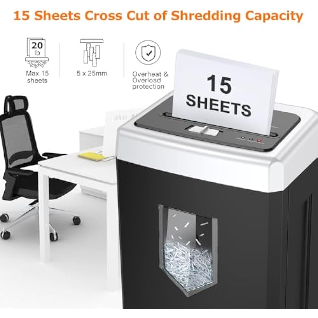 Bonsaii 15-Sheet Cross Cut Paper Shredder for Office, Heavy Duty Shredder for CD/Card, 30-Minute Working Time, 60dB Quiet Shredder with Jam Proof System, 18L Pullout Bin, C169-B (Overall Packaging)