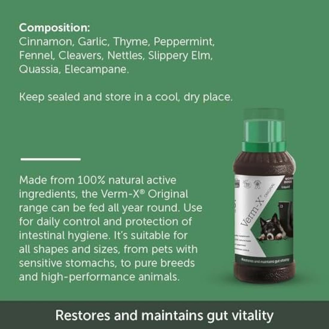 Verm-X All Natural Liquid for all Dogs. Supports  Intestinal Hygiene. Vet Approved. UFAS Assured. Restores and Maintains Gut Vitality. Wormwood Free Recipe., Clear