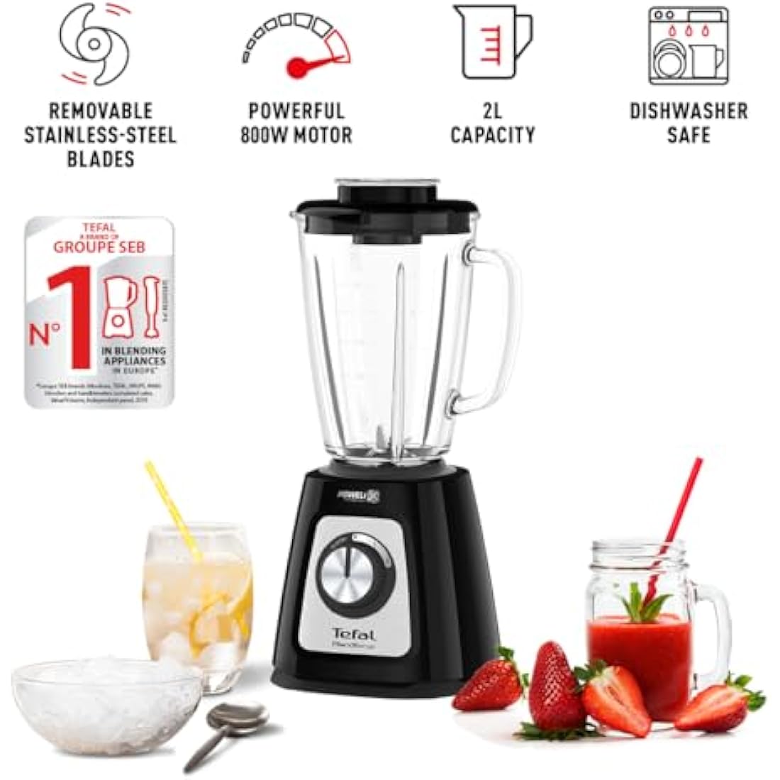 Tefal Blendforce II Blender, 2L Glass Jug, 1.25L Effective Capacity, 800W, 4 Removable Powelix Blades, Smoothie Blender, Ice Crush, 2 Speeds + Pulse Kitchen Blender, Black, BL435840
