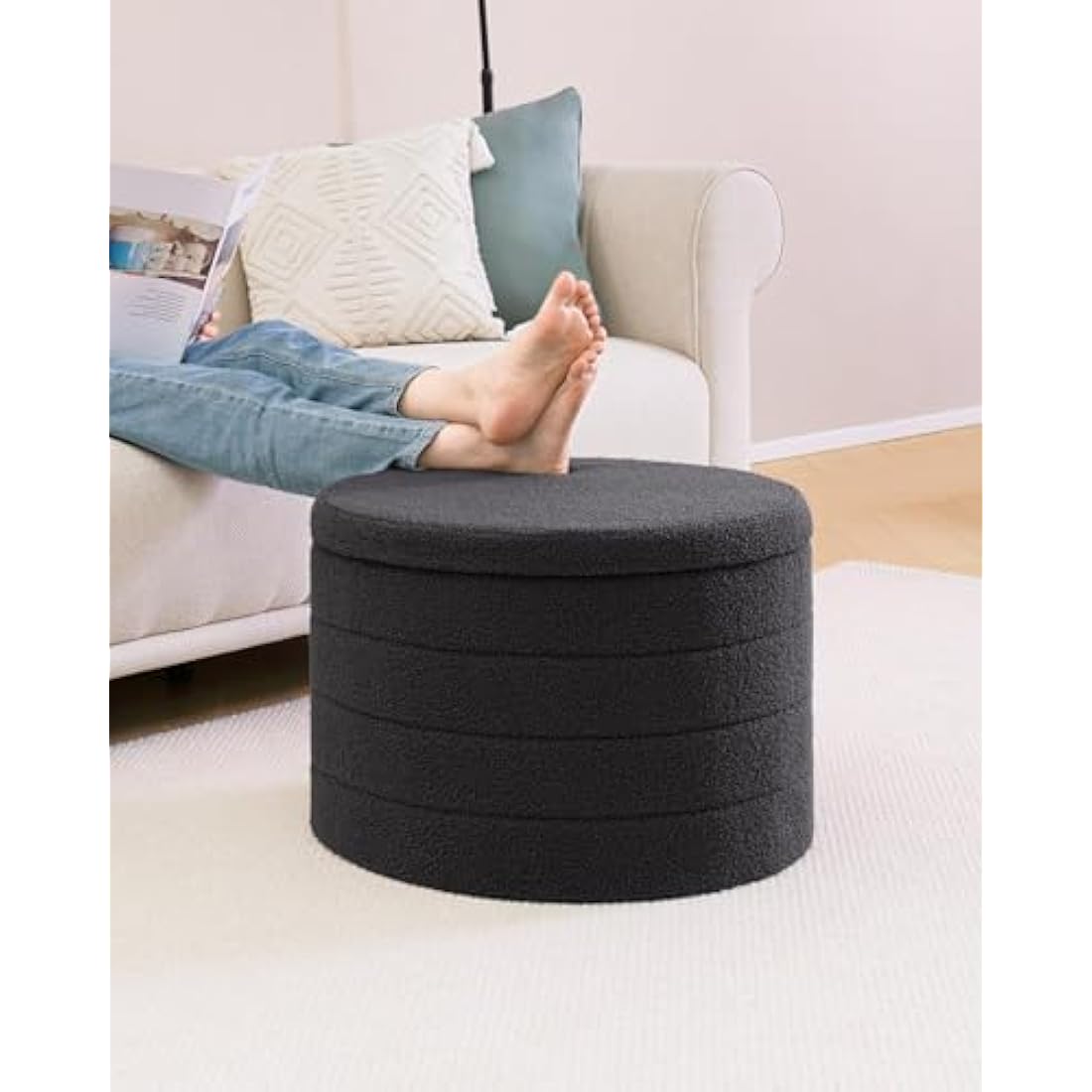 Bonlife Extra Large Folding Round Ottoman with Storage,Boucle Ottoman Stool, Footstool Seat Coffee Table,Toy Box Storage,Footrest Stool for Living Room,Bedroom,Grey,56x56x40cm