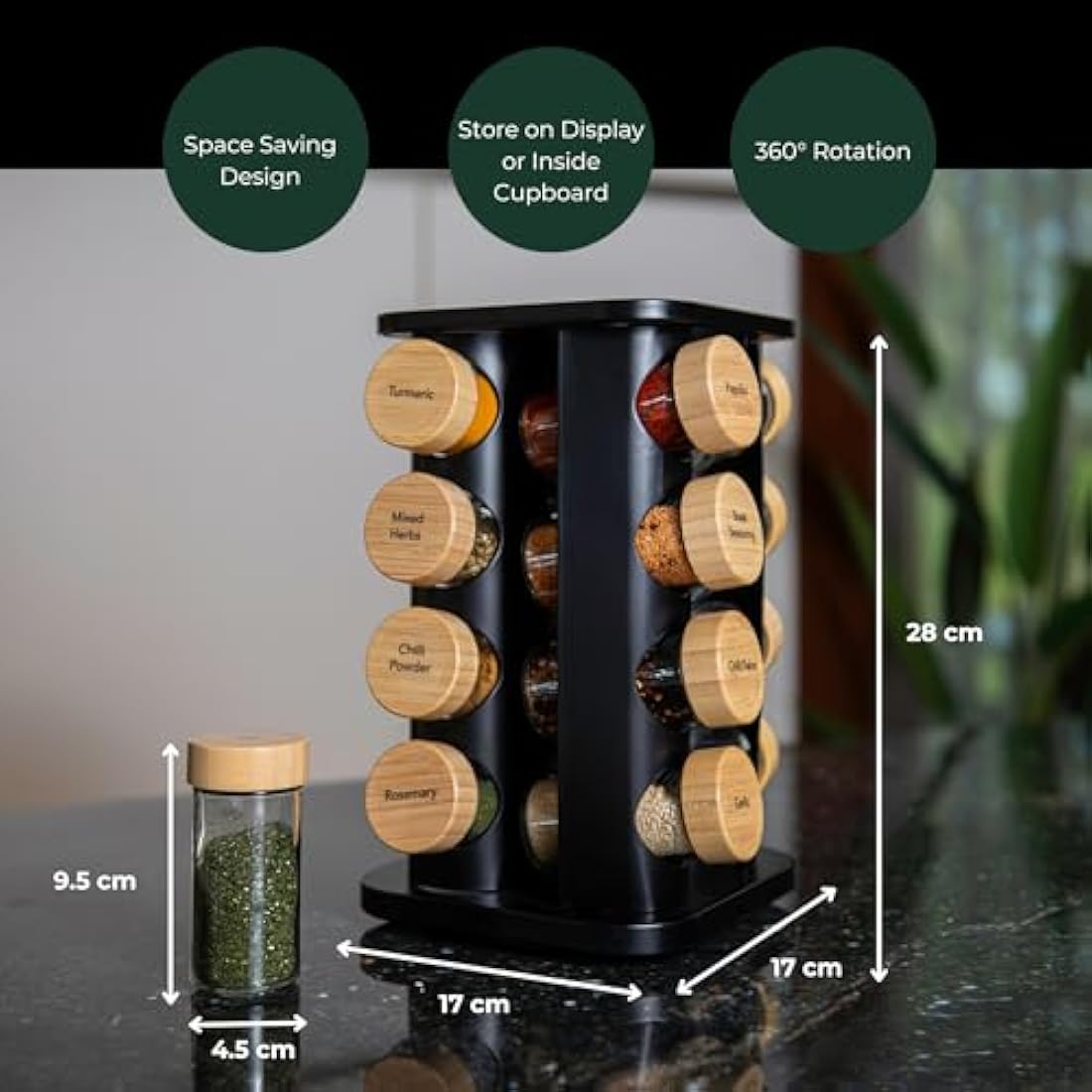 My Luxury Cuisine Rotating Spice Rack, Aesthetic Spice Rack for Inside Cupboard or Free Standing, Ideal Spice Rack Organiser Including 16 Spice Jars with Lids and Labels to Easily Sort your Spices.