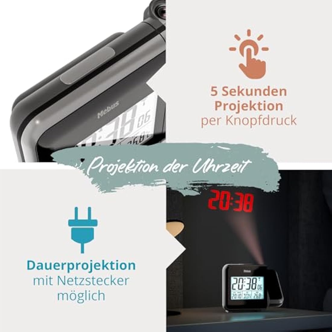 Mebus 42425 Radio Alarm Clock with Projection and Thermometer Plastic Normal Black