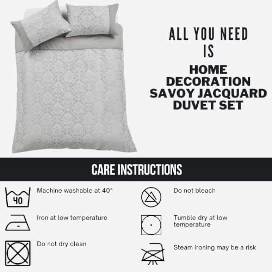Olivia Rocco Savoy Jacquard Duvet Set Easy Care Double King Super King Size Quilt Covers & Pillowcases Bedding, King, Grey