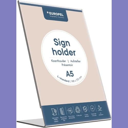 Europel Sign Holder, L-Standard, A5 Size, Portrait – Clear Acrylic Poster, Menu & Leaflet Display Holder for Restaurants, Hotels