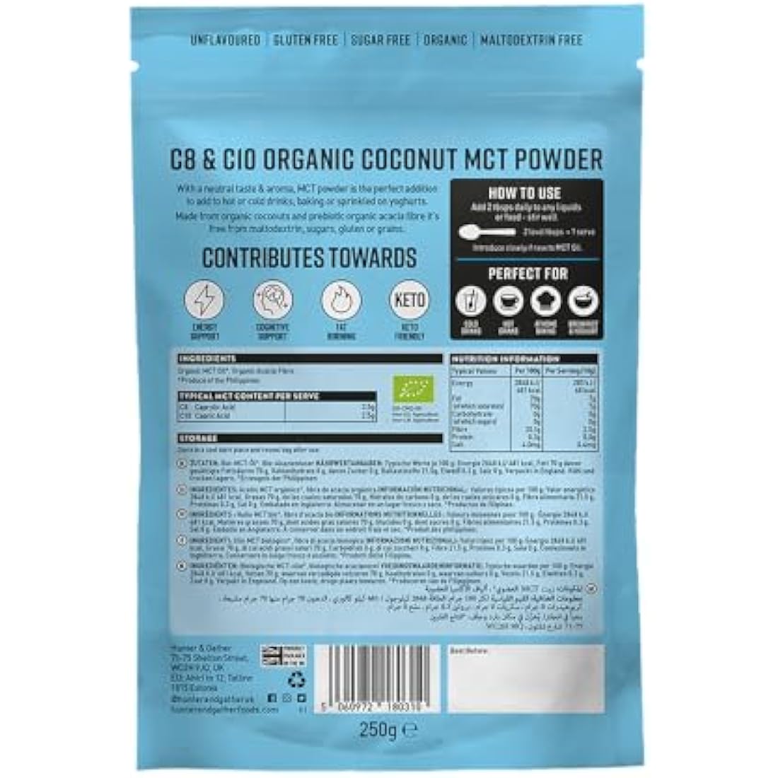 Hunter & Gather Thrive Fuel C8/C10 MCT Powder 250g | Triple Steam Distilled 100% Organic Certified Coconut | Keto, Low Carb & Paleo | Sugar, Gluten & Seed Oil Free