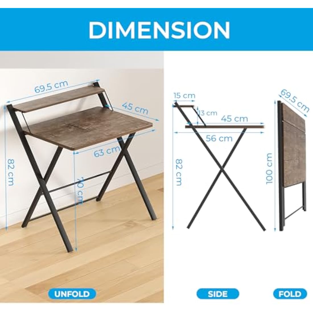 GreenForest Foldable Desk No Assembly Required,Small Desk with Monitor Shelf,Computer Desk for Small Space,Brown