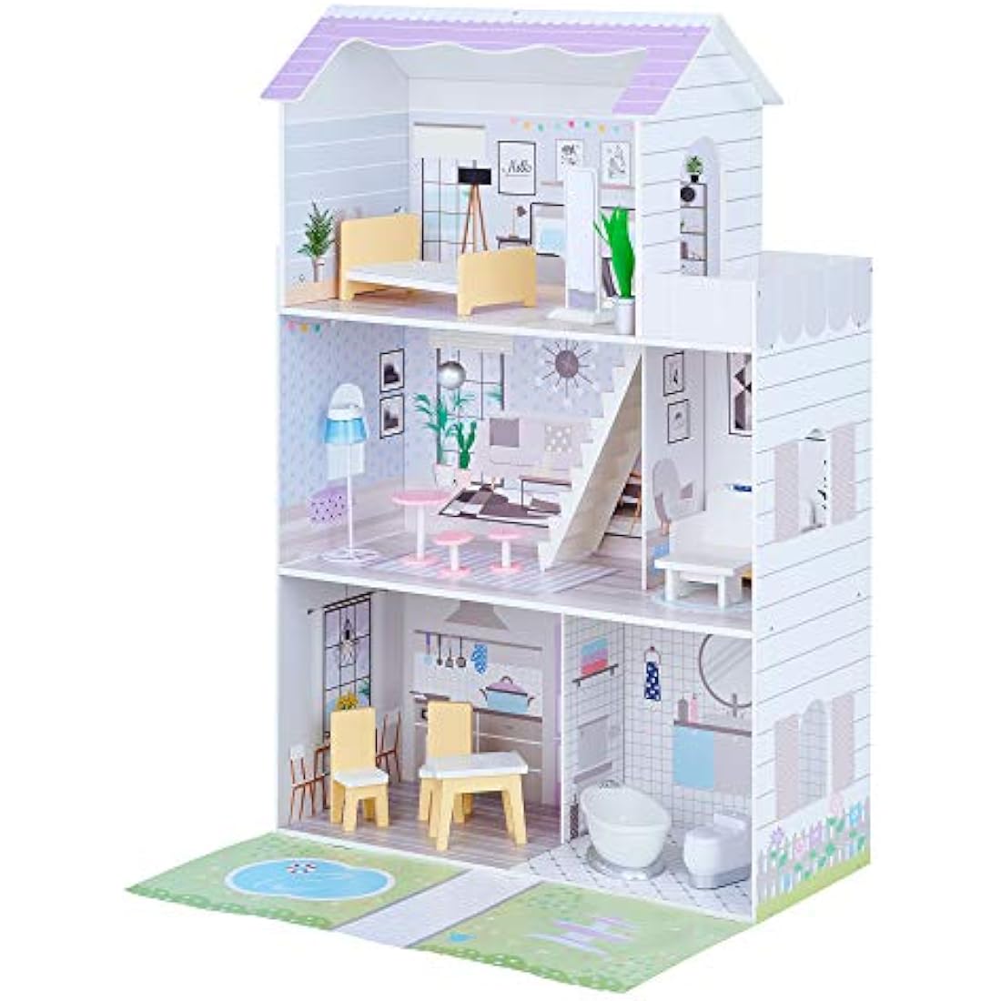 Olivia's Little World Lavender Grand 3-Story Wooden Doll House with Balcony and 16-pc. Accessory Set for 12" Dolls, White with Lavender accents