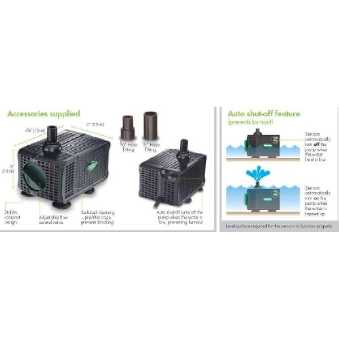 Blagdon Water Feature Pump with Auto Shut Off Sensor Prevents Burnout, Adjustable Flow Control, Reduced Cleaning, 3 Hose Fitting Adaptors, Pumps up to 650 Litres/Hour, Max Pumping Height 1.1m