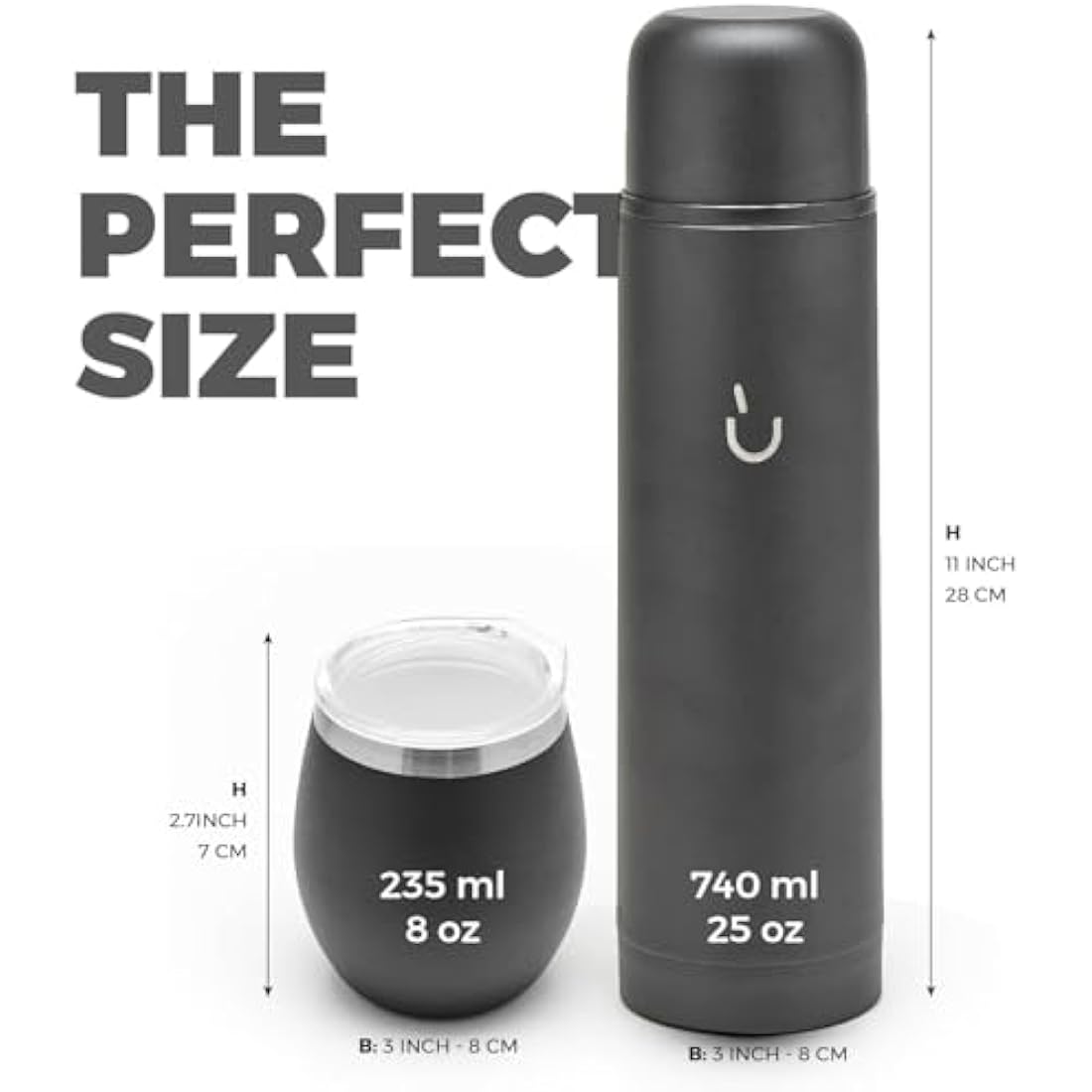balibetov Complete Yerba Mate Set - Modern Mate Gourd, Vacuum Flask, Bombilla and Cleaning Brush Included - All Premium Quality 304 18/8 Stainless Steel (Black)