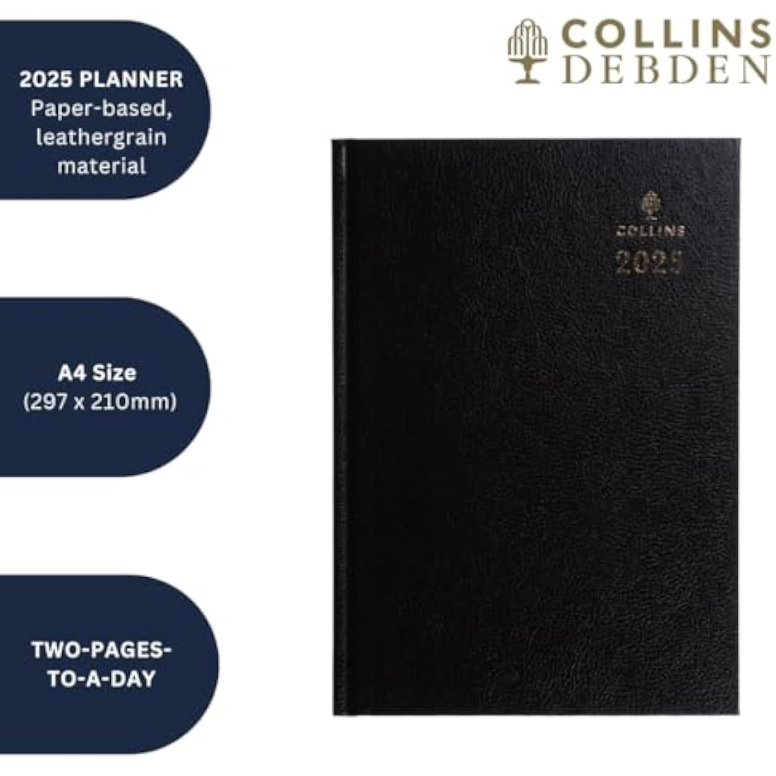 Collins Standard Desk 2025 Diary for Professionals - A4 Two Pages to a Day Business Diary - Black - (47.99-25) - Premium Business Planner with Hardback Leathergrain Covers