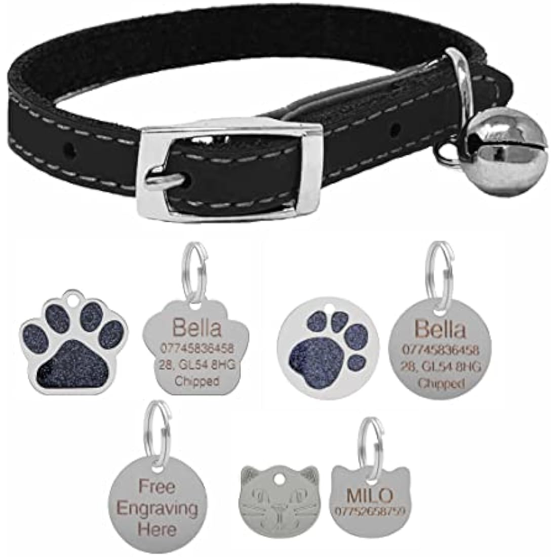 Genuine Leather Cat Collar with Safety Elastic & Bell with Optional Personalised Engraved Tag (Black, No Tag - Only Collar)